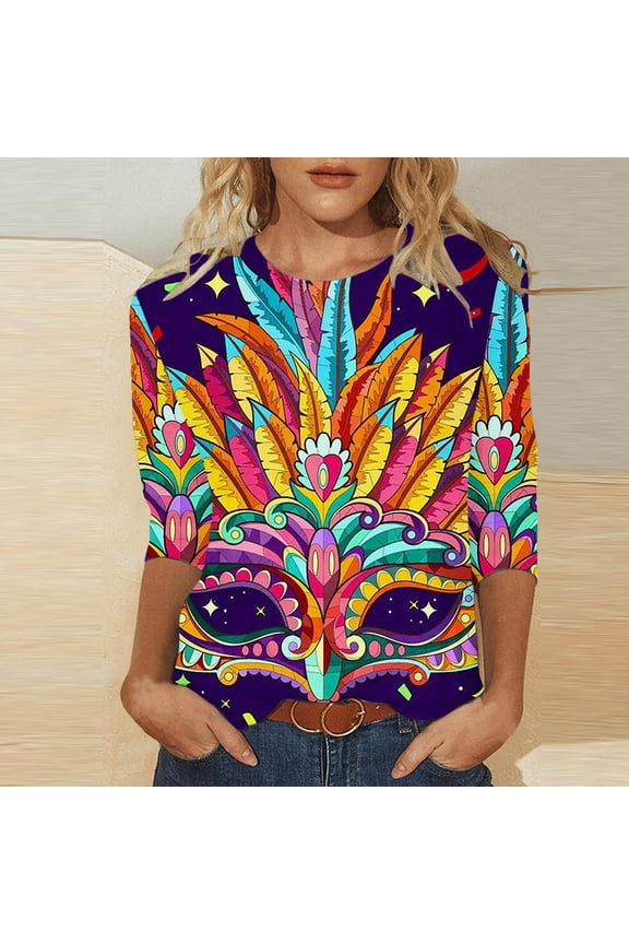 Mardi Gras Clothing Women,Mardi Gras Masks Womens Round Neck Spliced Printed Seven Sleeve T-Shirt Top,Mardi Gras Clothing Women