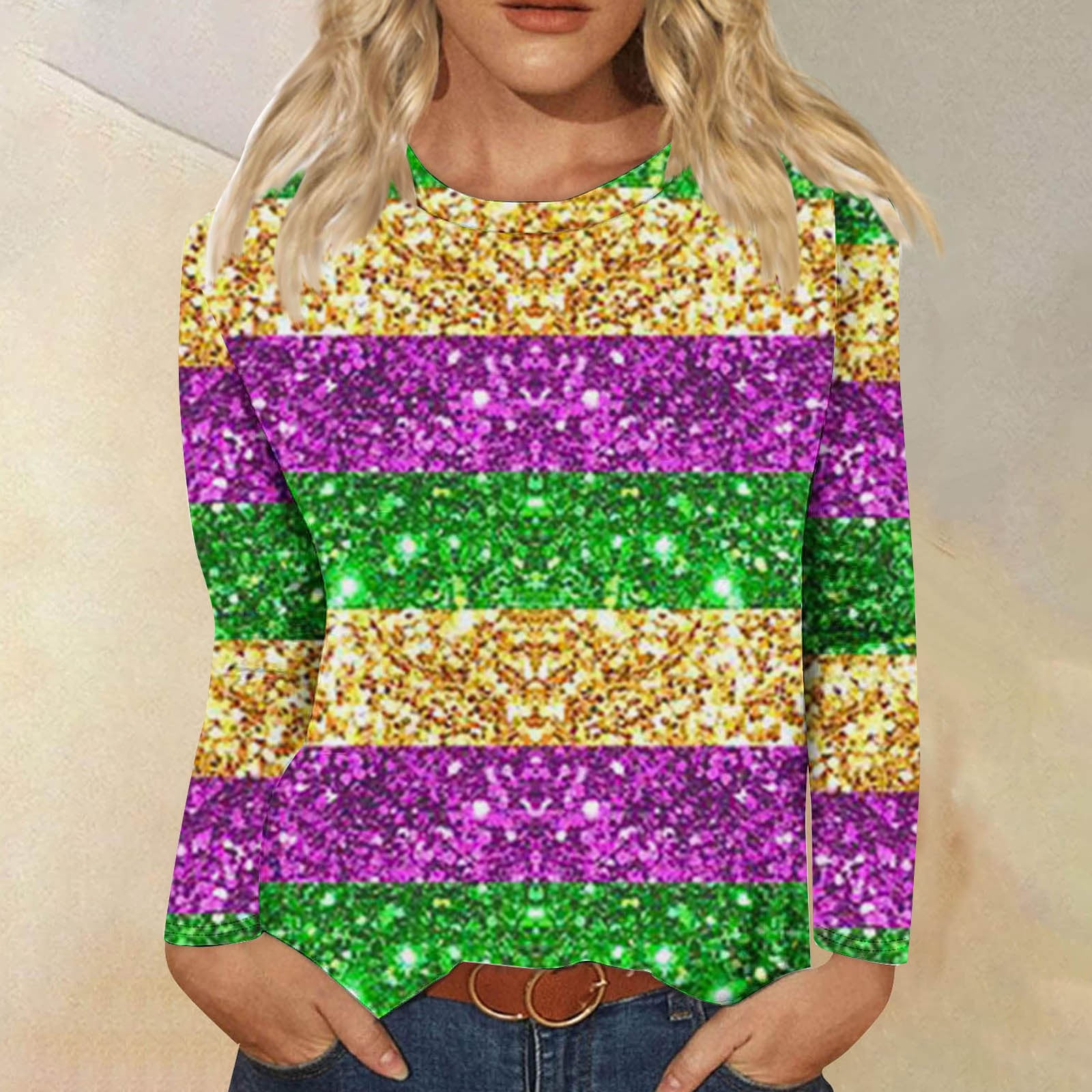 Mardi Gras Varsity Letters Long Sleeve V-Neck Top in White main image 0