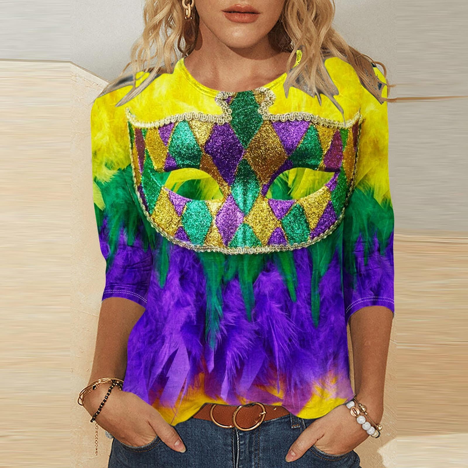 Aloohaidyvio Mardi Gras Clothing,Womens Mardi Gras Loose 3/4 Sleeve Blouse Mask Glitter Print