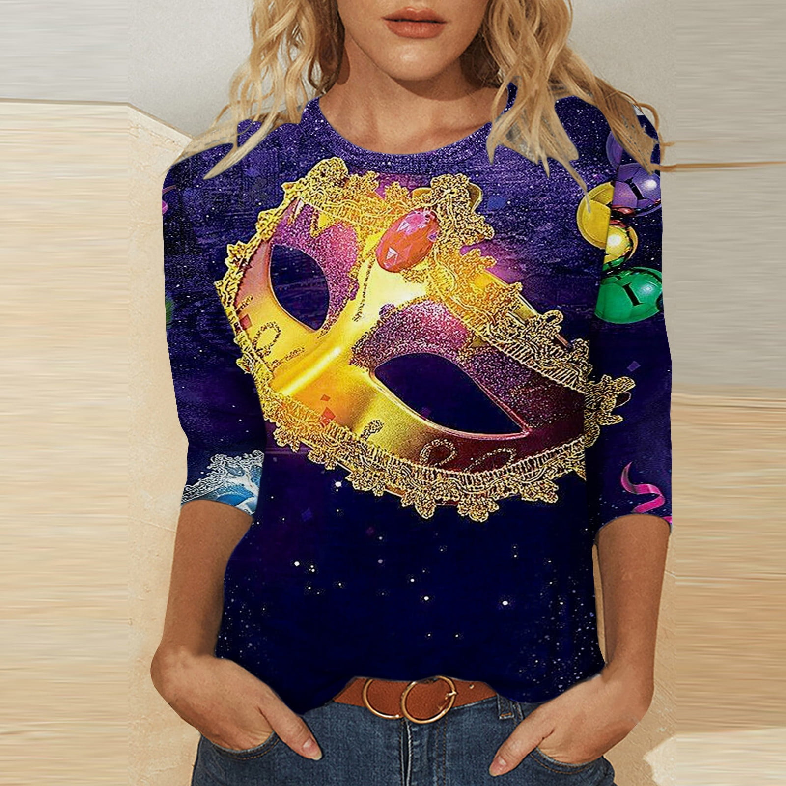 Aloohaidyvio Mardi Gras Clothing,Womens Mardi Gras Loose 3/4 Sleeve