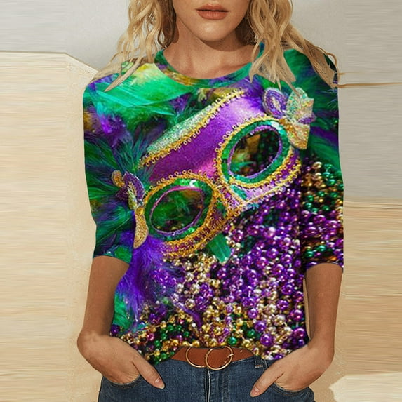 Aloohaidyvio Mardi Gras Clothing,Womens Mardi Gras Mask Glitter Printed T-Shirt Round Neck Seven Sleeve Top Sweatshirt,Mardi Gras Clothing Women