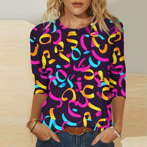 Aloohaidyvio Mardi Gras Shirts .Womens Tops Dressy Casual 3/4 Sleeve Round Neck Mardi Gras Shirts Loose Fit Blouses