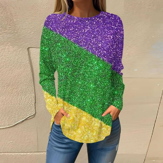 Aloohaidyvio Mardi Gras Shirts Plus Size,Women's Fashion Printed Loose T-shirt Long Sleeves Blouse Round Neck Casual Tops Sweatshirt Hoodies