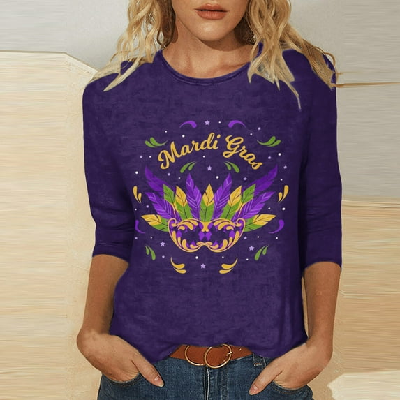 Aloohaidyvio Mardi Gras Shirts Plus Size,Womens Mardi Gras Mask Glitter Printed T-Shirt Round Neck Seven Sleeve Top Sweatshirt,Mardi Gras Clothing Women