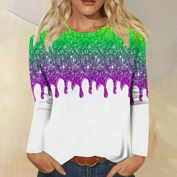 Aloohaidyvio Mardi Gras Shirts,Womens Mardi Gras T-shirt Printing Crew Neck Glitter Stitching Party Long Sleeve Tops, Mardi Gras Clothing
