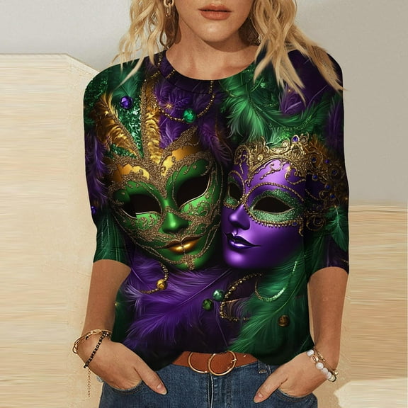 Aloohaidyvio Mardi Gras Women Clothing ,Womens Tops 3/4 Sleeve Shirts Round Neck Loose Casual Blouses Mardi Gras Print Tshirts