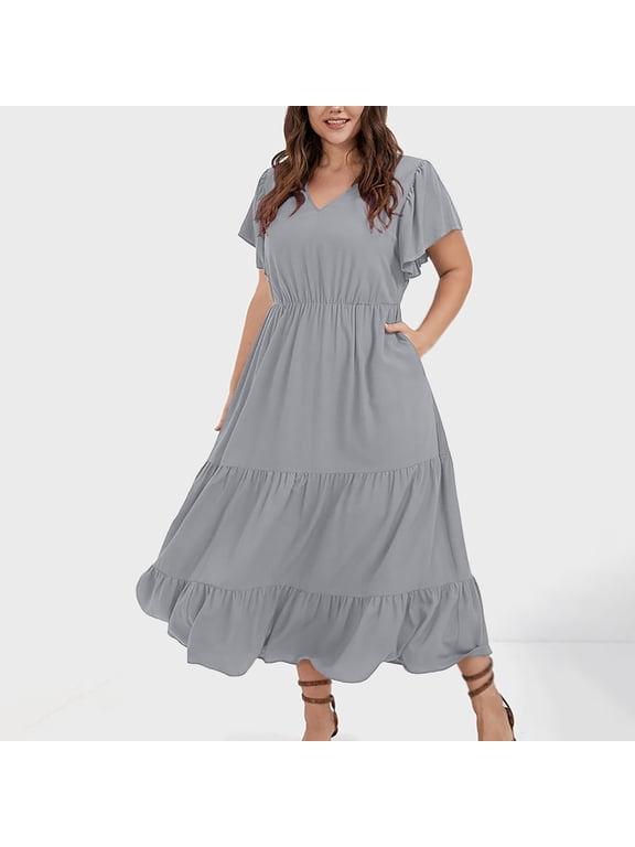 Maxi Dresses for Women ,Plus Size Dress for Women V Neck Summer Casual Sundresses Pocket Sleeveless