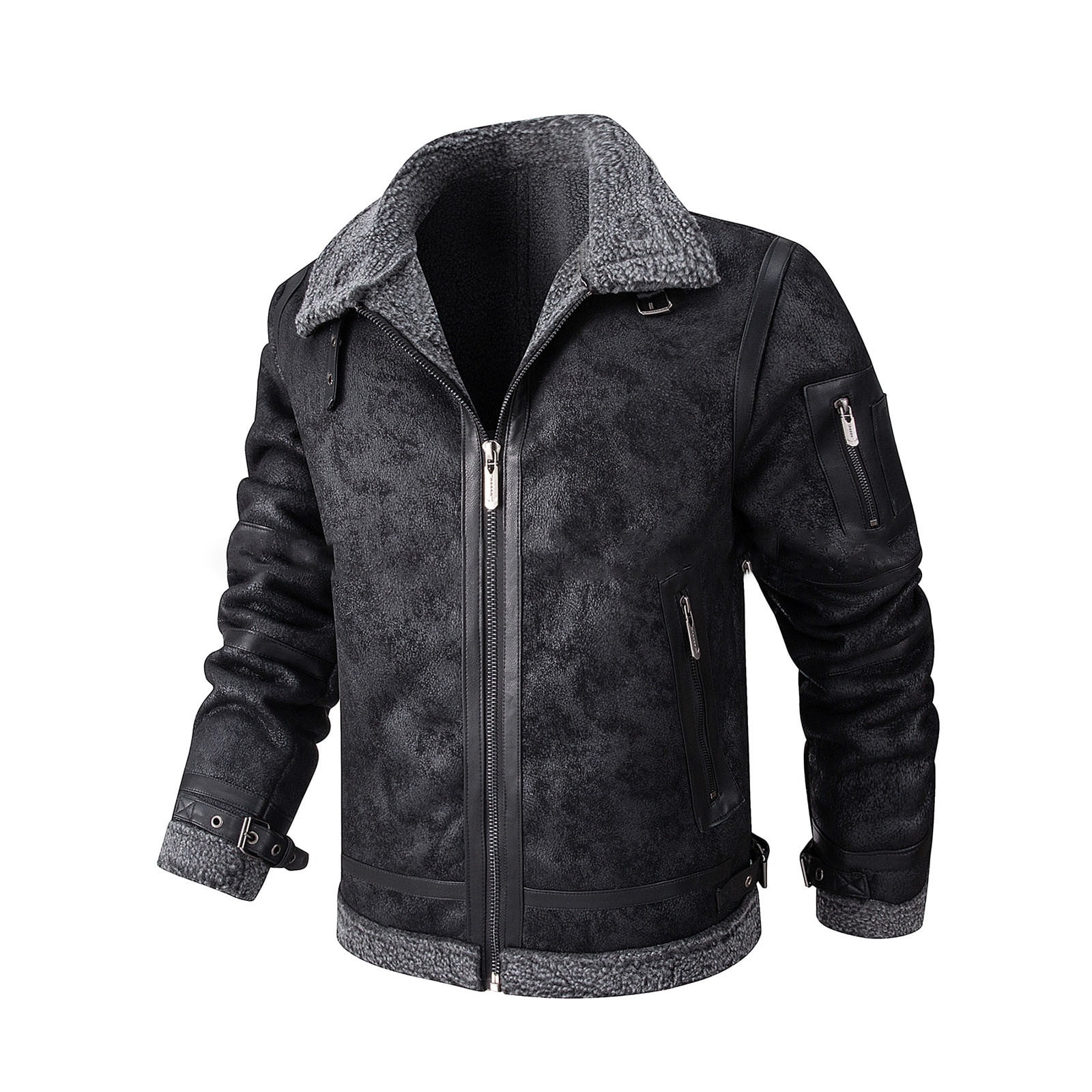 Aloohaidyvio Men's Bomber Jackets Faux Leather Sherpa Fleece Lined Suede Coats Heavyweight Fur Overcoat