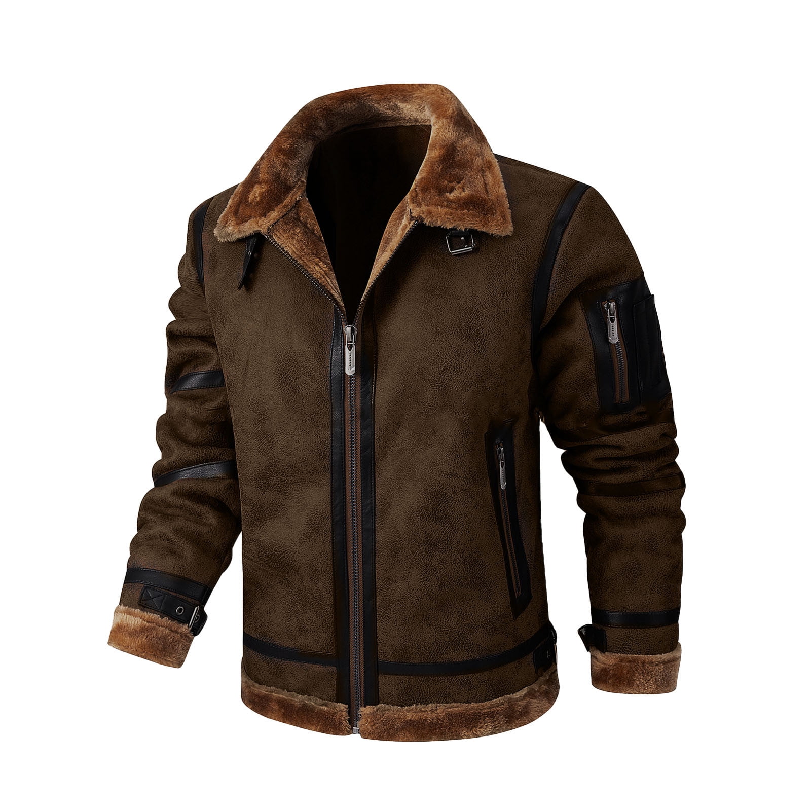 Aloohaidyvio Men's Bomber Jackets Faux Leather Sherpa Fleece Lined Suede Coats Heavyweight Fur Overcoat