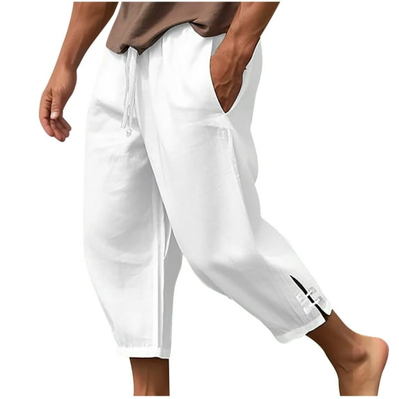 Aloohaidyvio Men's Casual Linen Pants Elastic Waist Drawstring Beach Summer Pants Lightweight Linen Trousers