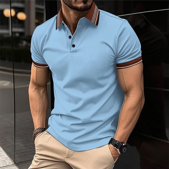 Aloohaidyvio Men's Fallow Button Turn-down Collar Top Short-Sleeved Stripe Sports Top Shirt,2024 Polo Shirts for Men Clearance