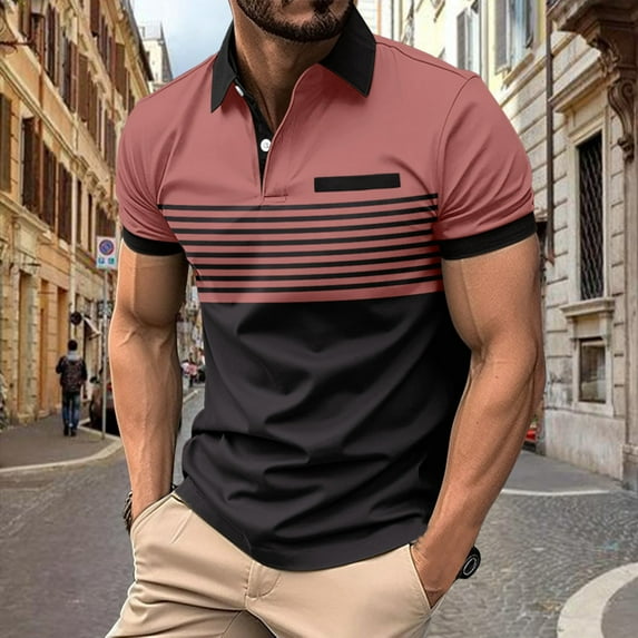 Aloohaidyvio George Men's Fallow Button Turn-down Collar Top Short-Sleeved Stripe Sports Top Shirt,2024 Polo Shirts for Men Clearance