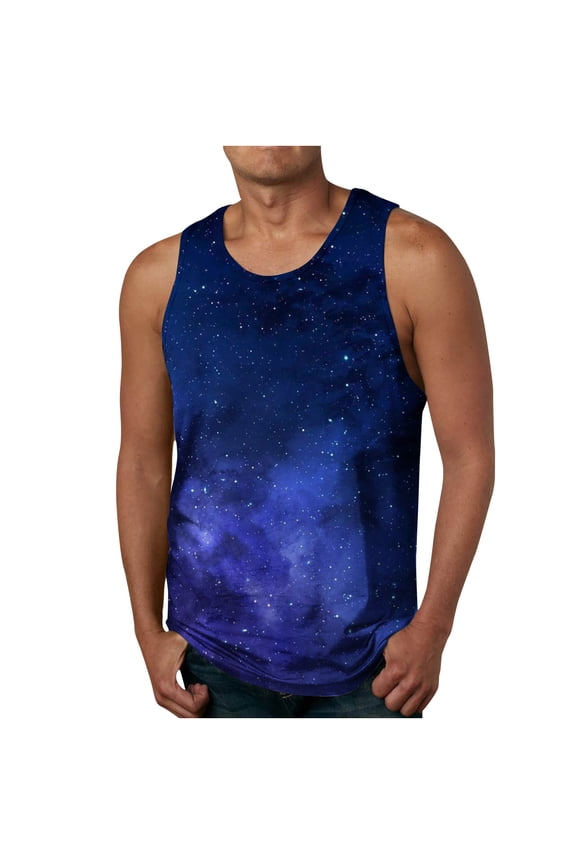 Mens Casual Vent Tank Tops Crew Neck Sleeveless Muscle T Shirts Summer Beach Tops Blue 6XL