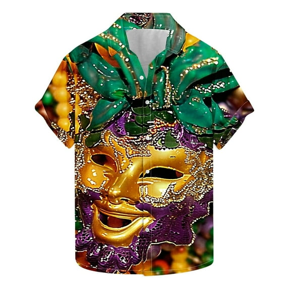 Aloohaidyvio Mens Mardi Gras Clothing Hawaiian Shirt for Men Loose-Fit Short Sleeve Button Down Beach Casual Shirts Mardi Gras Shirts