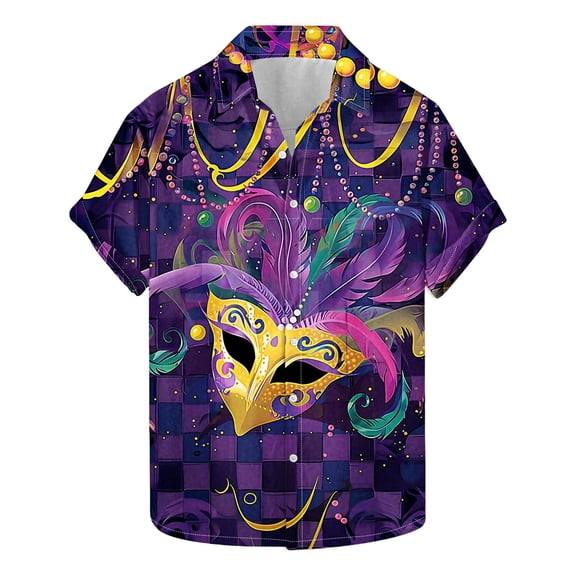 Aloohaidyvio Mens Mardi Gras Shirts Men's Party Print Button Down Collared Short Sleeve Casual Shirt 2025 Mardi Gras Clothing Clearance