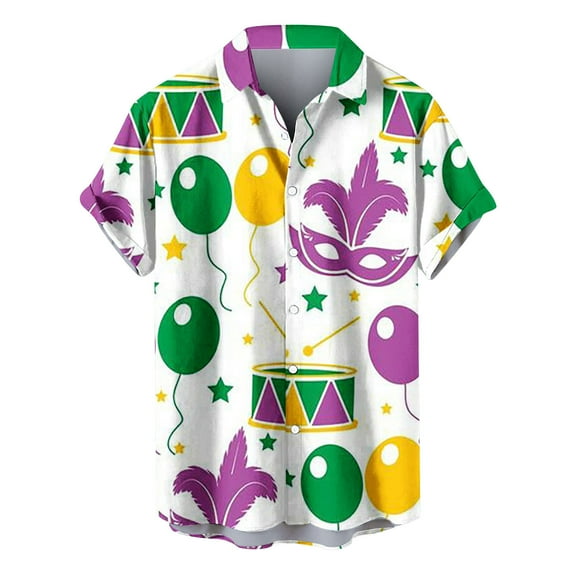 Aloohaidyvio Mens Mardi Gras Shirts Mens Button Down Shirt Abstract Short Sleeve Shirt Collar Printed Casual Tops 2025 Mardi Gras Clothing Clearance
