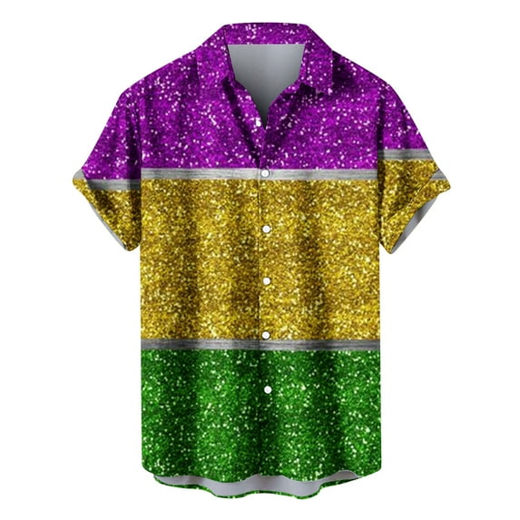 Aloohaidyvio Mens Mardi Gras Shirts Mens Casual Button Down Short Sleeve Hawaiian Shirt 2025 Mardi Gras Clothing Clearance