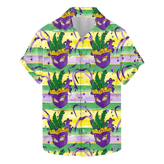 Aloohaidyvio Mens Mardi Gras Shirts Mens Funky Hawaiian Shirts Holiday Big and Tall Theme Shirt Button Down Shirts Mardi Gras Clothing