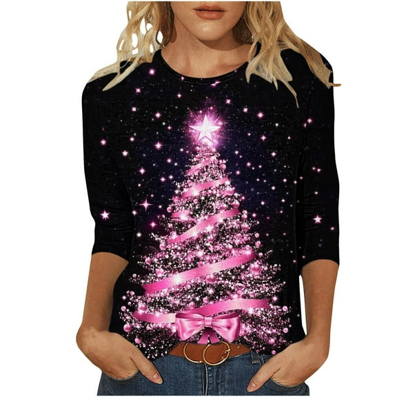 Aloohaidyvio Merry Christmas Shirts for Women Funny Christmas Tree Graphic T-Shirt Xmas Casual Long Sleeve Pullover Tops