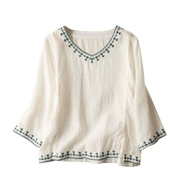 Aloohaidyvio Mexican Shirts Peasant Blouses Cotton Embroidered 3/4 Sleeve Bohemian Tops Boho Clothes for Women Summer Fiesta