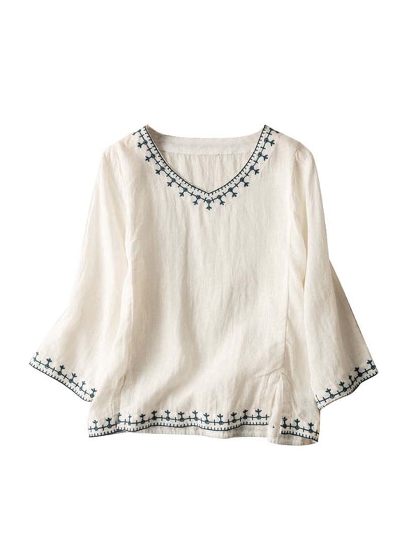 Mexican Shirts Peasant Blouses Cotton Embroidered 3/4 Sleeve Bohemian Tops Boho Clothes for Women Summer Fiesta