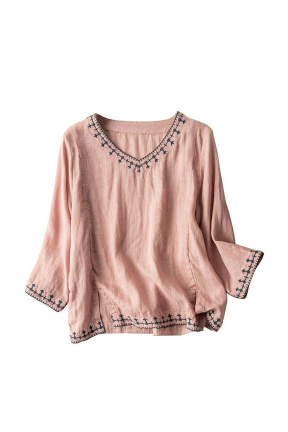 Mexican Shirts Peasant Blouses Cotton Embroidered 3/4 Sleeve Bohemian Tops Boho Clothes for Women Summer Fiesta