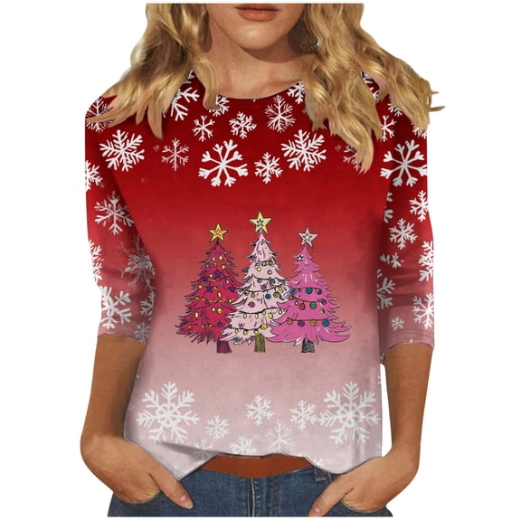Aloohaidyvio Christmas 3/4 Sleeve Shirt for Women Merry Christmas Printed T Shirts Holiday Tee Xmas Gift Tops