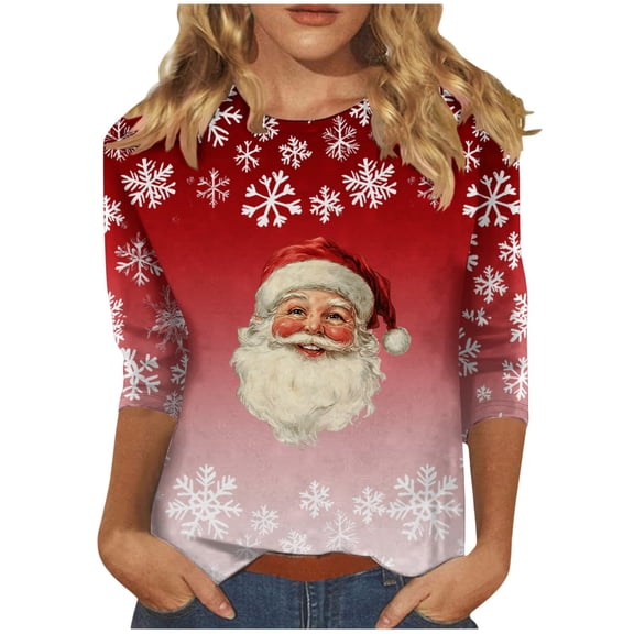 Aloohaidyvio Christmas Crew Neck Shirt for Women Funny Xmas 3/4 Sleeve Graphic Tee Holiday Family Party Winter Tops