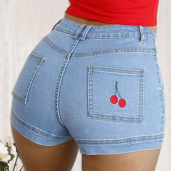 Aloohaidyvio Denim Shorts for Women No Boundaries,Womens Cherry Embroidery Printed Stretch Casual Denim Shorts