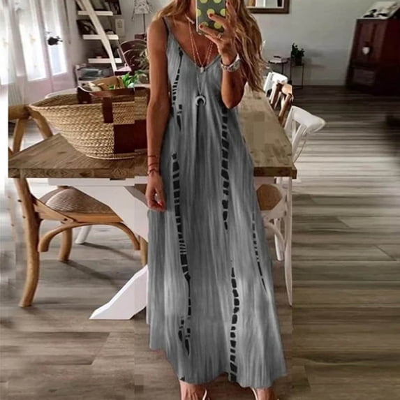 Aloohaidyvio Dresses for Women Womens Long Dress Summer V-Neck Casual Printing Loose Sleeveless