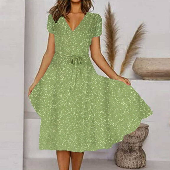 Aloohaidyvio Dresses for Women Womens Summer Dresses V-Neck Bandage Dot Print Casual Short Sleeve