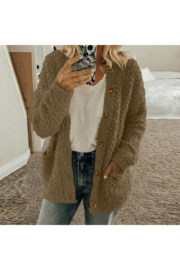 Fleece Jacket Women Button up Fuzzy Long Sleeve Warm Coats Solid Color Sherpa Jackets Fall Winter Outerwear