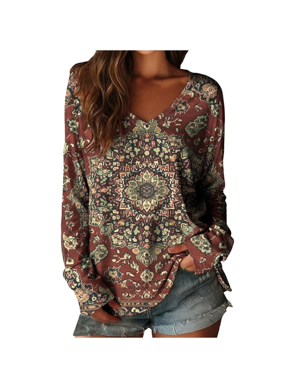 Long Sleeve Shirts for Women Summer V Neck Casual Blouses Soft Basic Tops