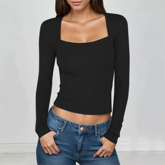 Aloohaidyvio Long Sleeve T Shirt for Women No Boundaries Square Neck Going Out Tops Double Lined Tight Shirt Y2K Crop Top Slim Fit