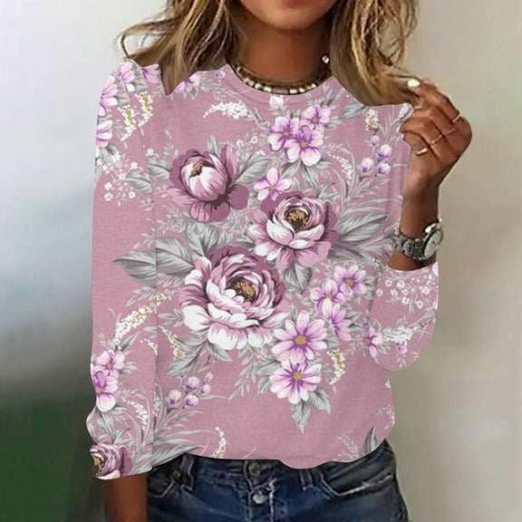 Aloohaidyvio Long Sleeve Tops for Women No Boundaries Fashion Women Casual Long Sleeve Printing Round Neck Loose T-Shirt Blouse Tops