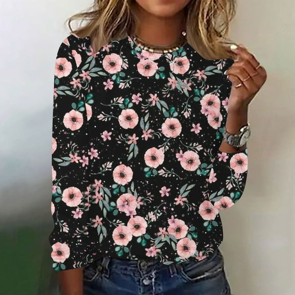Aloohaidyvio Long Sleeve Tops,Fashion Women Casual Long Sleeve Printing Round Neck Loose T-Shirt Blouse Tops