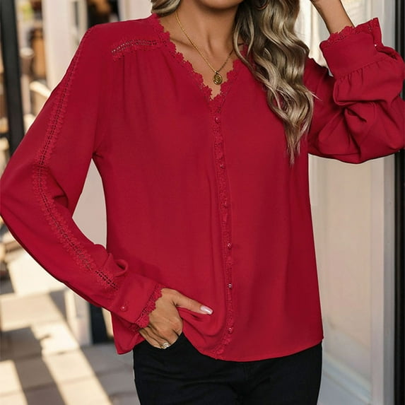 Aloohaidyvio Long Sleeve Tops,Women Fashion Flower Solid Color Casual Long Sleeve Loose Street Tops V-Neck Tops
