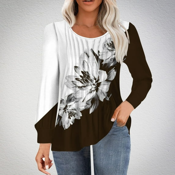 Aloohaidyvio Long Sleeve Tops for Women Women's Casual Long-sleeved Loose Round Neck Non-positioned Printed Top