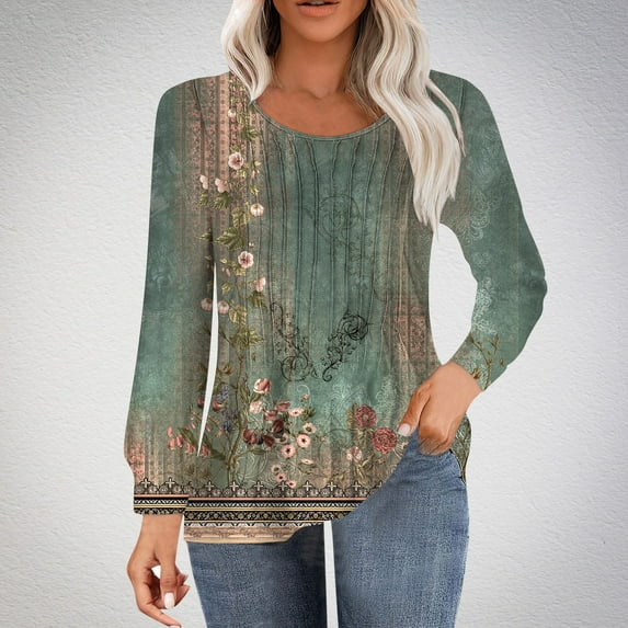 Aloohaidyvio Long Sleeve Tops for Women No Boundaries Women's Casual Long-sleeved Loose Round Neck Non-positioned Printed Top