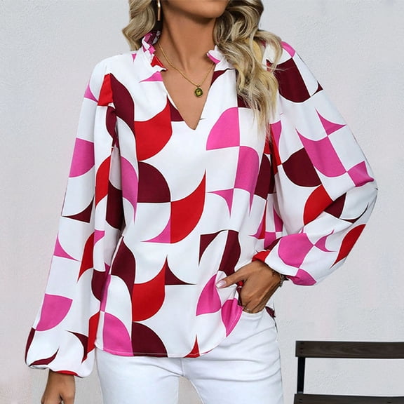Aloohaidyvio Long Sleeve Tops,Women's Geometric Print V-neck Color Blocked Long Sleeved Shirt Top