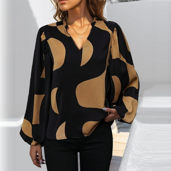Aloohaidyvio Long Sleeve Tops,Women's Geometric Print V-neck Color Blocked Long Sleeved Shirt Top