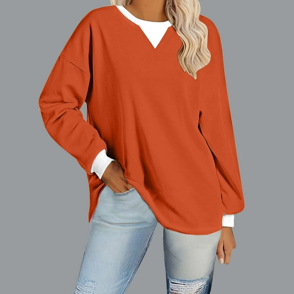 Aloohaidyvio Long Sleeve Tops for Women Women's Large Size Loose Casual Color Stitching Long Sleeve Round Neck Top