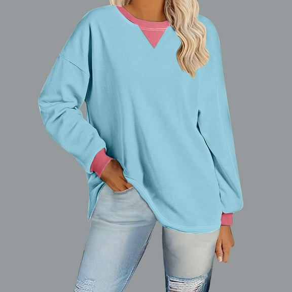 Aloohaidyvio Long Sleeve Tops for Women No Boundaries Women's Large Size Loose Casual Color Stitching Long Sleeve Round Neck Top