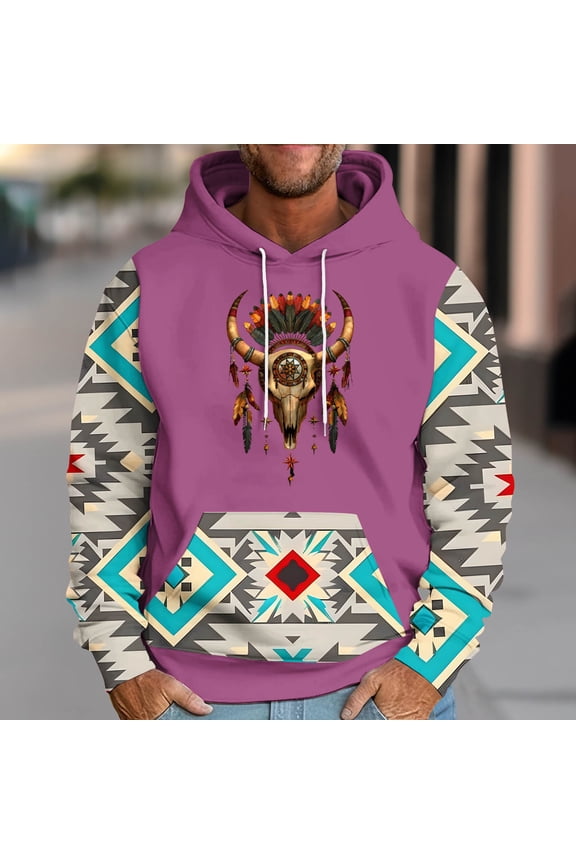 Men's Cowboy Hoodie Sweatshirt Vintage Western Jacket for Men Casual Long Sleeve Drawstring Pullover with Pocket