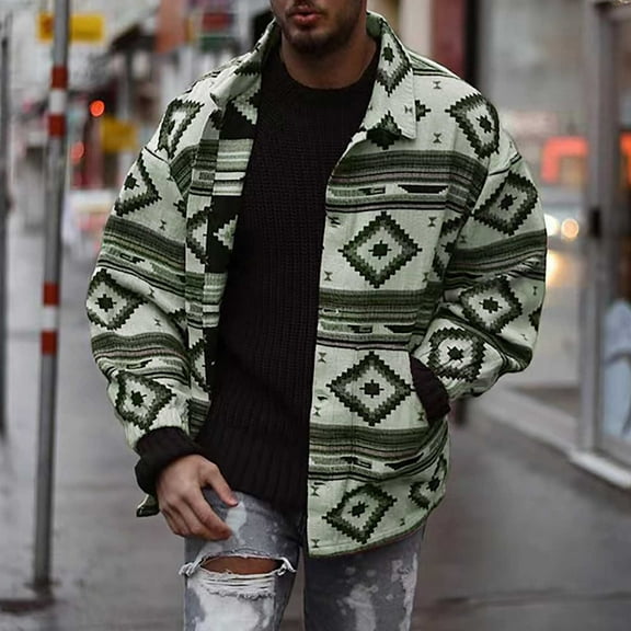 Aloohaidyvio Jackets for Men No Boundaries Casual Vintage Geometric Printing Turndown Long Sleeved Button Outwear Jacket