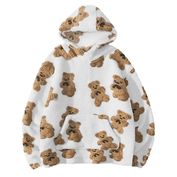 Aloohaidyvio Oversized Sherpa Jacket for Women Fuzzy Fleece Cute Print Coat Long Sleeve Hooded Outwear with Pocket