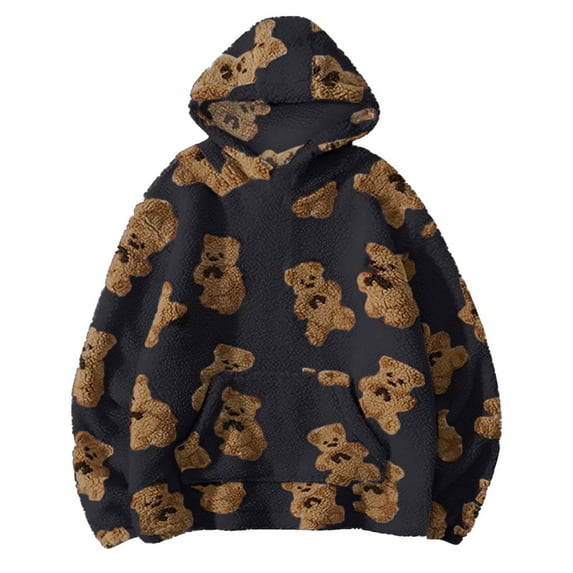 Aloohaidyvio Oversized Sherpa Jacket for Women Fuzzy Fleece Cute Print Coat Long Sleeve Hooded Outwear with Pocket