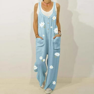 Aloohaidyvio No Boundaries Pants for Women,Womens Buttoned Round Neck Floral Print Casual Comfortable Camisole Jumpsuit