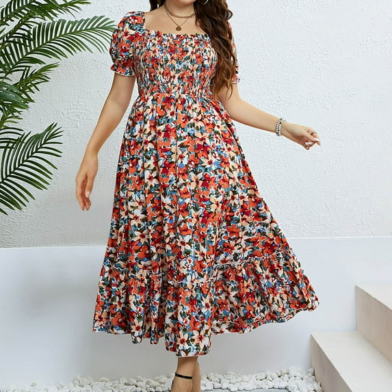 Aloohaidyvio Plus Size Dresses,Women Square Neck Casual Loose Bohemian Floral Dresses Short Sleeve Summer Beach Tummy Midi Dresses 2XL