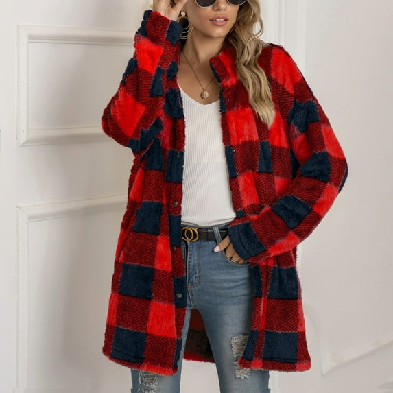 Aloohaidyvio Plaid Coats for Women Ladies Casual Christmas Plaid Printing Long Sleeve Buttons Plush Cardigan Coat